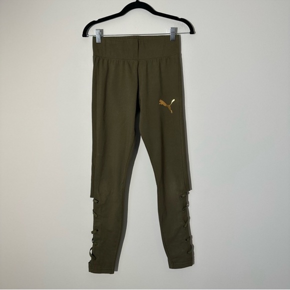 Puma Pants - Puma Army Green Leggings with Gold Logo